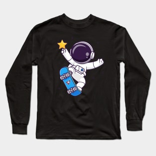 Cute Astronaut Playing Skateboard With Star Cartoon Long Sleeve T-Shirt